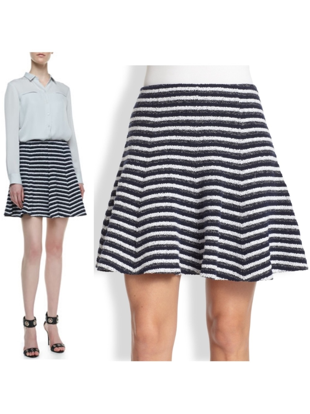 Theory Lyerly Navy & White Striped Knit/Textured Flared Skirt